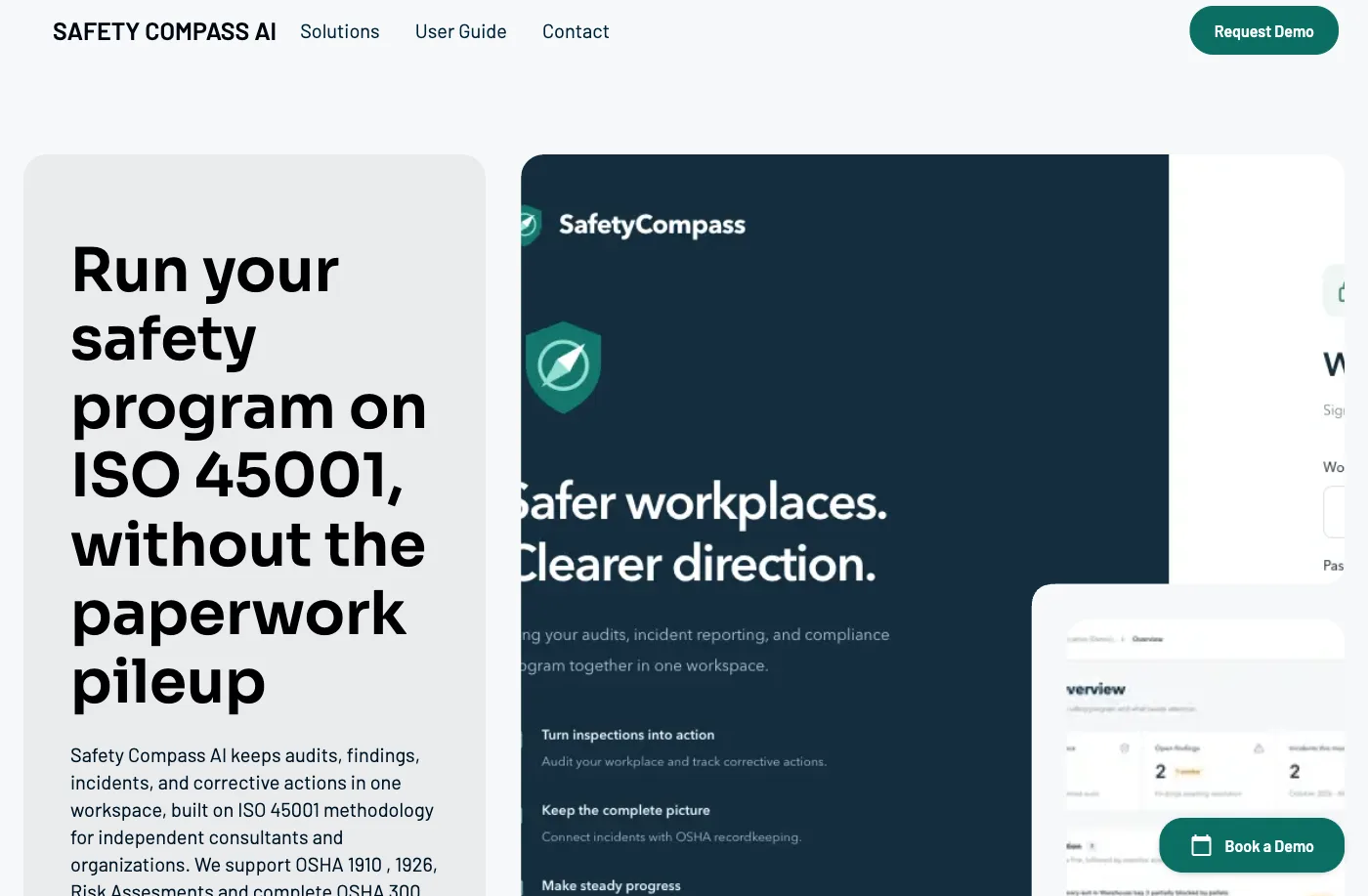 SafetyCompass &mdash; ISO 45001 safety management software homepage on getsafetycompass.com